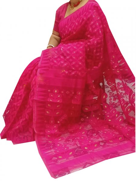 Deep pink dhakai jamdani high quality saree